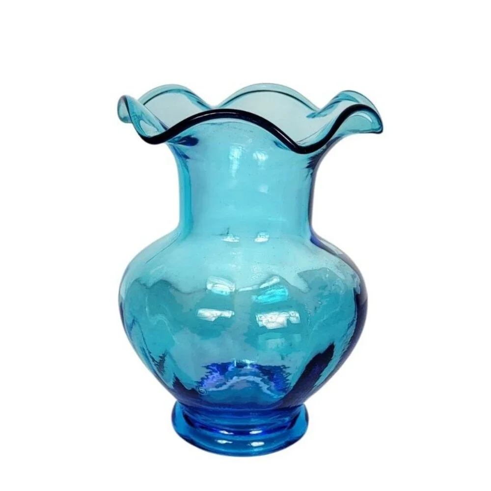 Vintage MCM Aqua Turquoise Blue Ribbed Glass Ruffled Rim Flower Vase 7.5